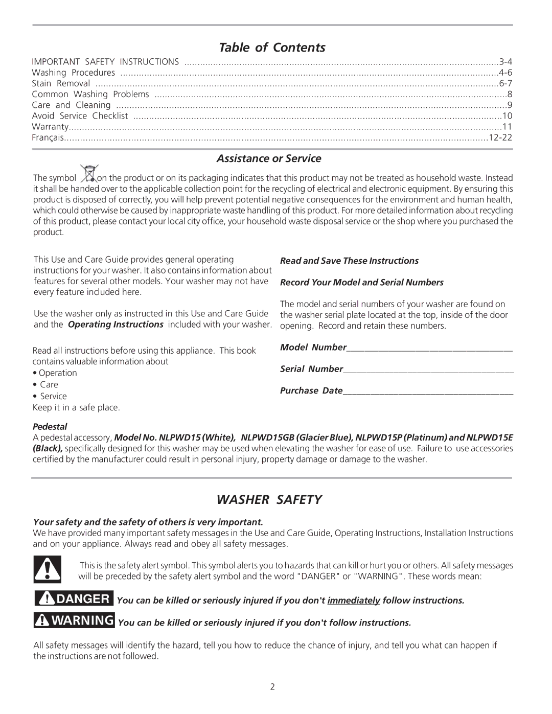 Frigidaire 134849000 manual Table of Contents, Washer Safety 