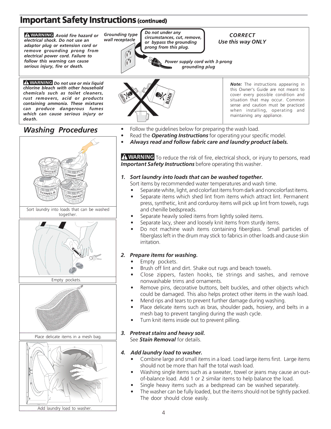 Frigidaire 134849000A Washing Procedures, Correct, Use this way only, Sort laundry into loads that can be washed together 