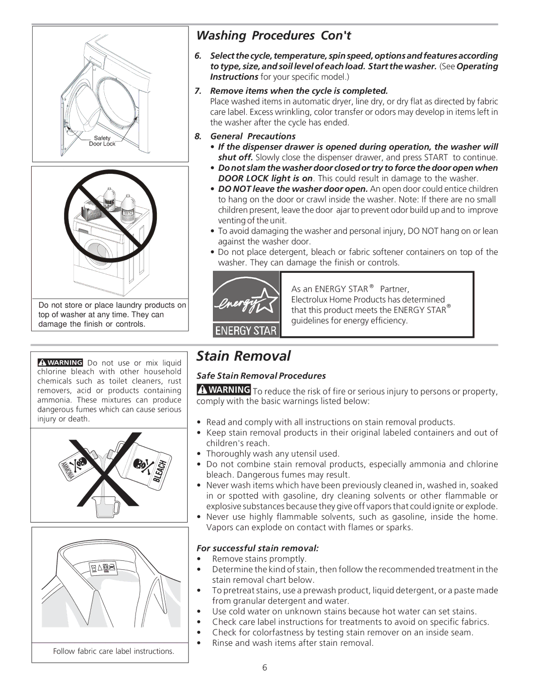 Frigidaire 134849000A manual General Precautions, Safe Stain Removal Procedures, For successful stain removal 