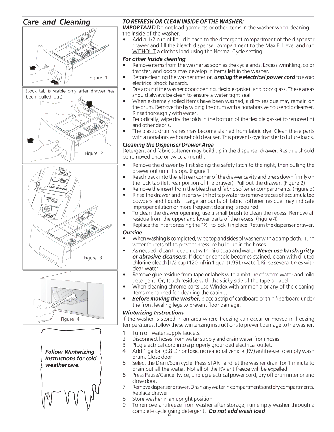 Frigidaire 134849000A manual Care and Cleaning, To Refresh or Clean Inside of the Washer 