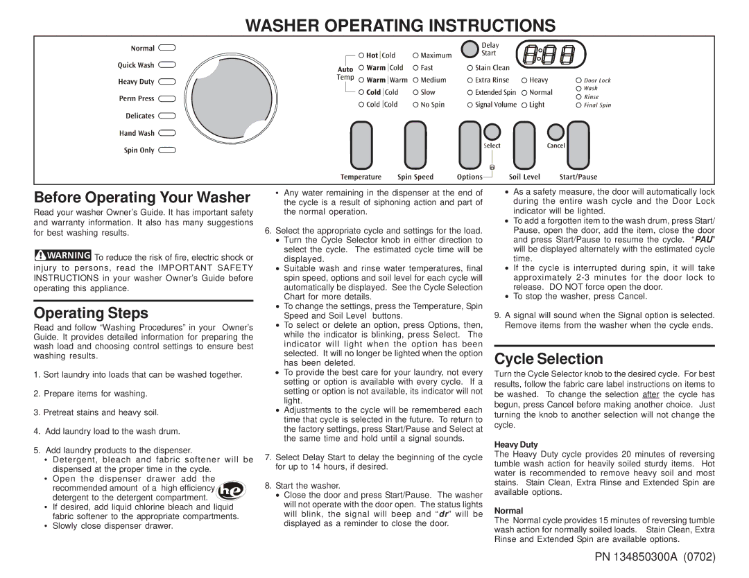 Frigidaire 134850300A (0702) operating instructions Before Operating Your Washer, Operating Steps, Cycle Selection, Normal 