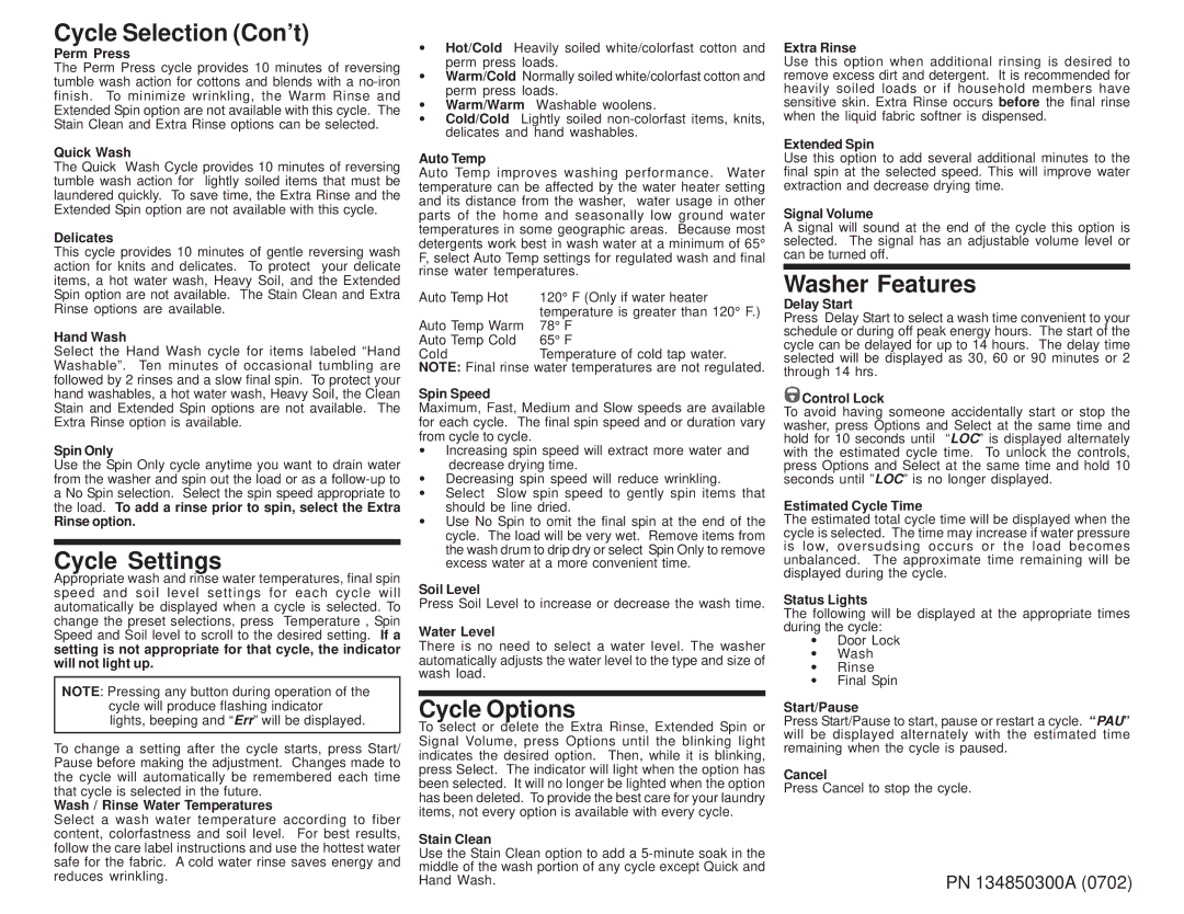 Frigidaire 134850300A (0702) operating instructions Cycle Selection Con’t, Cycle Settings, Cycle Options, Washer Features 