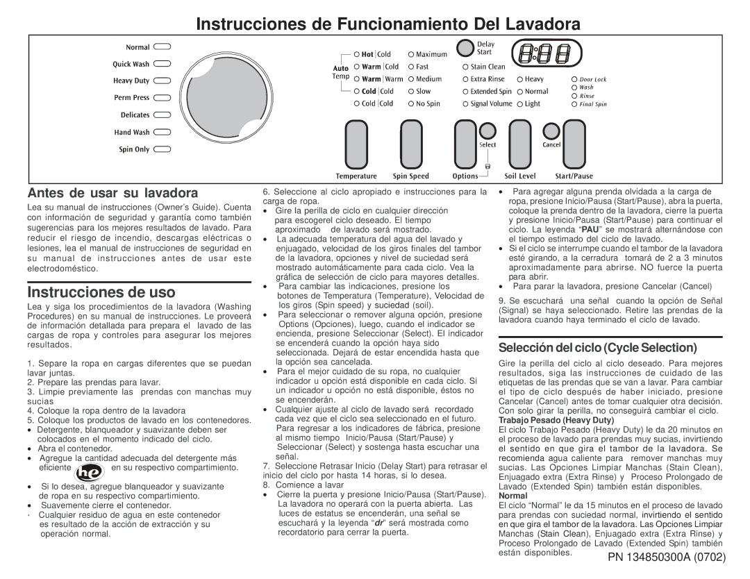 Frigidaire 134850300A (0702) Instrucciones de Funcionamiento Del Lavadora, Selección del ciclo Cycle Selection 