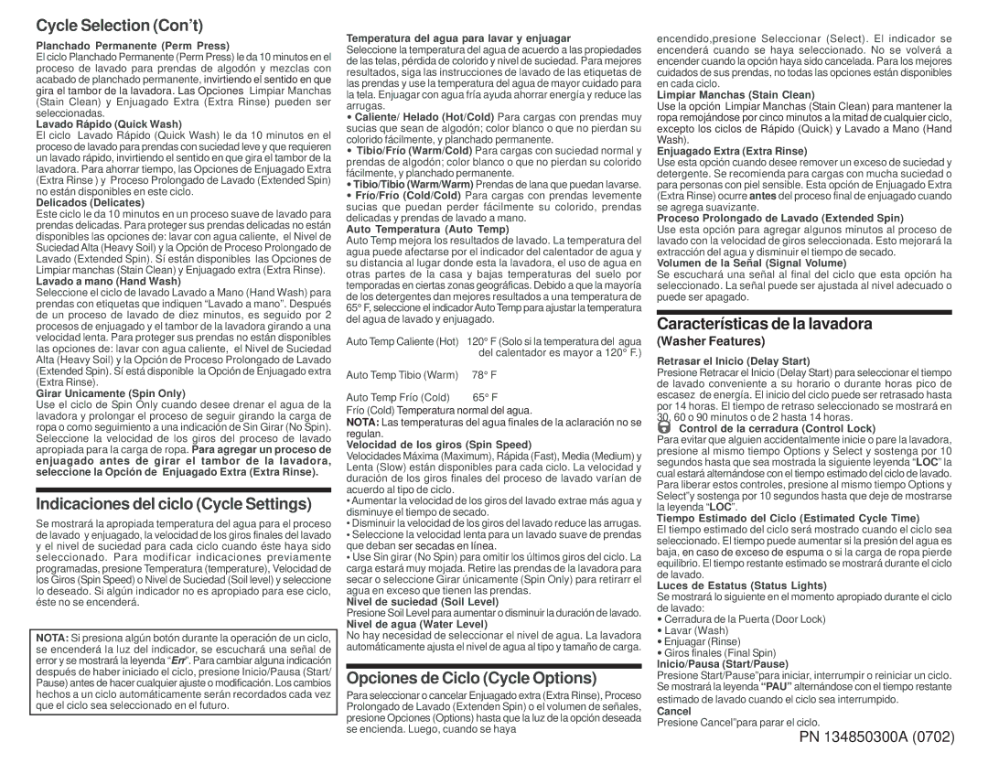 Frigidaire 134850300A (0702) Cycle Selection Con’t, Indicaciones del ciclo Cycle Settings, Opciones de Ciclo Cycle Options 