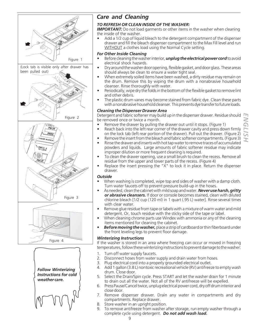 Frigidaire 134850600B manual Care and Cleaning, To Refresh or Clean Inside of the Washer 