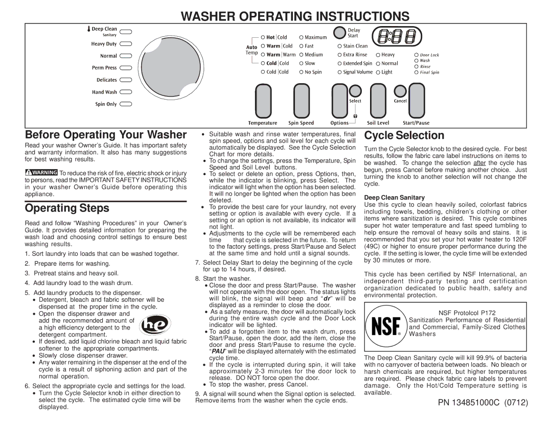 Frigidaire 134851000C (0712) operating instructions Washer Operating Instructions, Before Operating Your Washer 