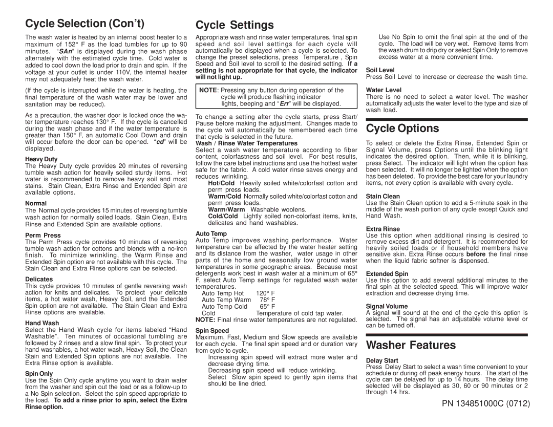 Frigidaire 134851000C (0712) operating instructions Cycle Selection Con’t, Cycle Settings, Cycle Options, Washer Features 