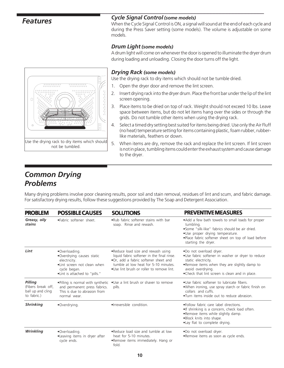 Frigidaire 134889200 manual Features, Common Drying Problems, Cycle Signal Control some models, Drum Light some models 