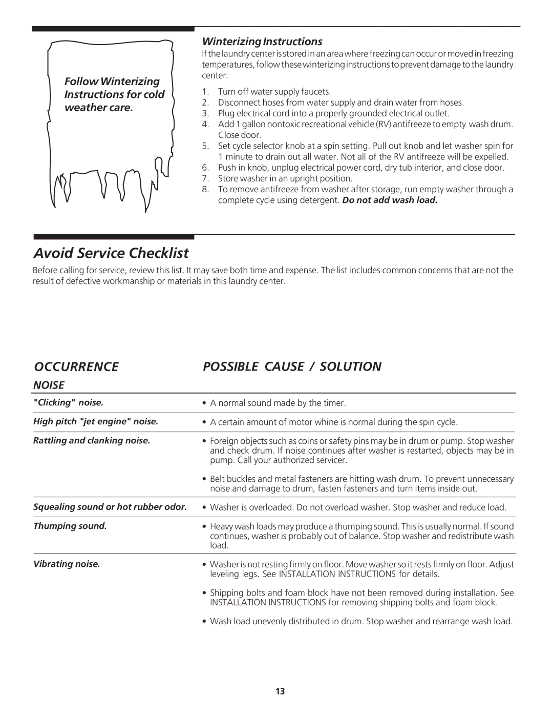 Frigidaire 134889200 manual Avoid Service Checklist, Follow Winterizing Instructions for cold weather care, Noise 