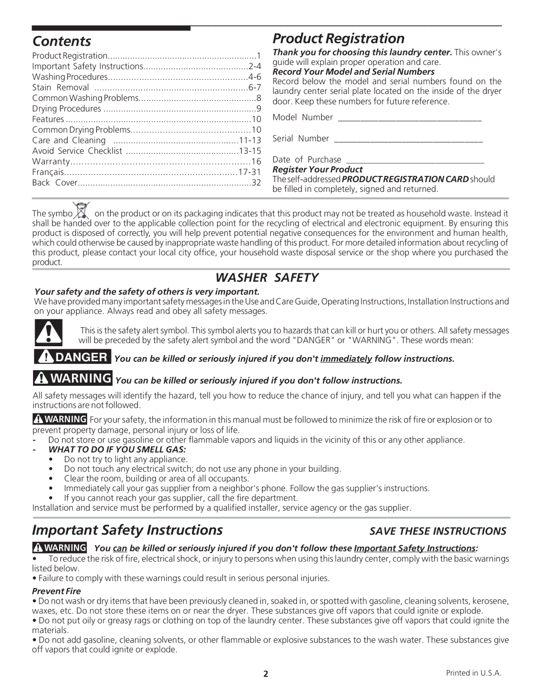 Frigidaire 134889200 manual Contents Product Registration, Important Safety Instructions 