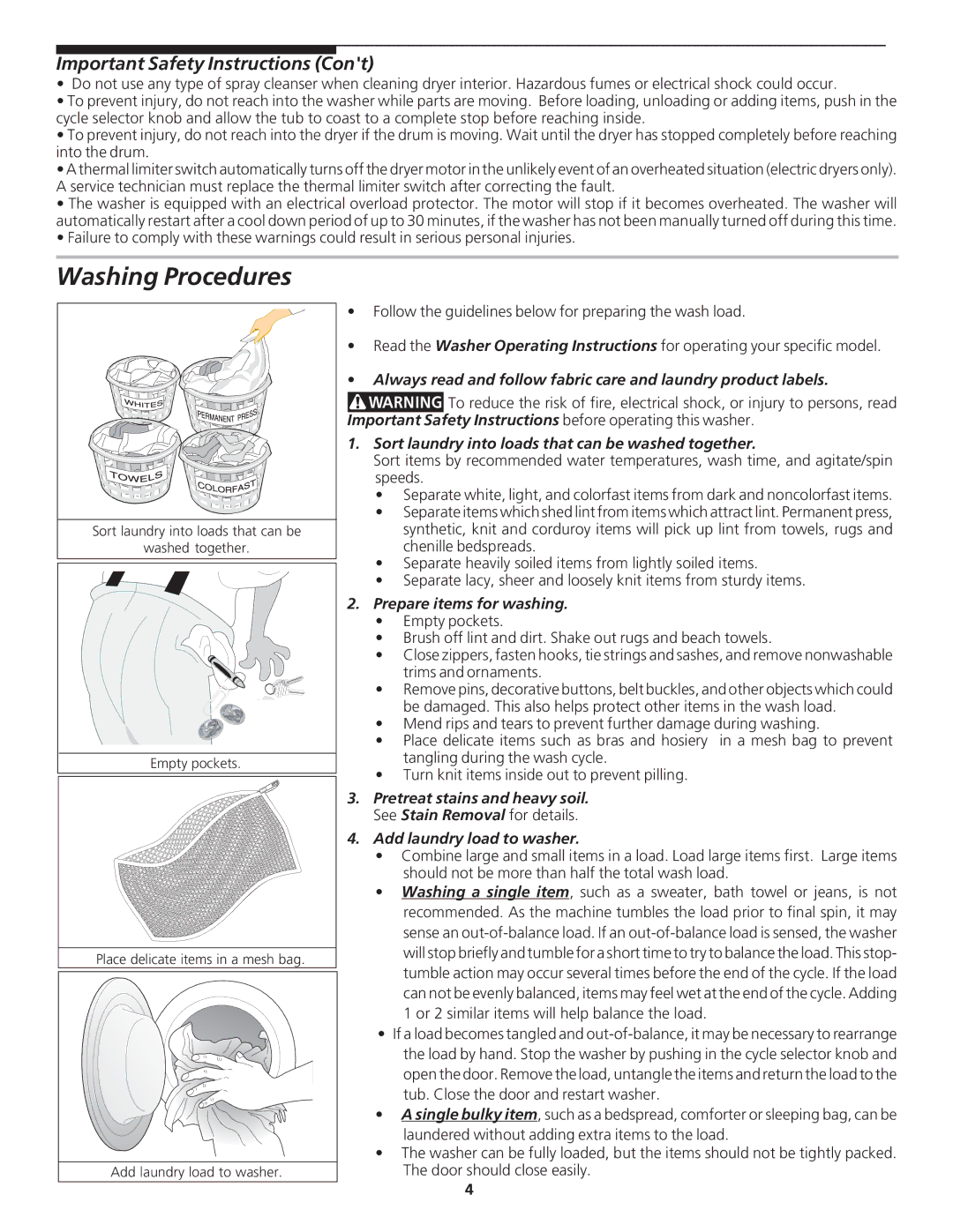 Frigidaire 134889200 Washing Procedures, Sort laundry into loads that can be washed together, Prepare items for washing 