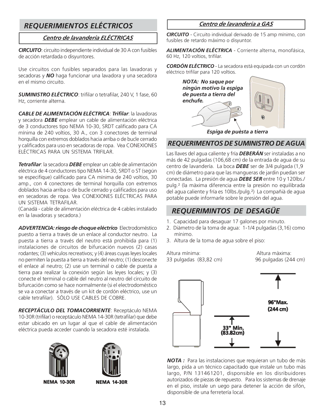 Frigidaire 134897500B installation instructions Requerimientos Eléctricos, Requerimintos DE Desagüe 