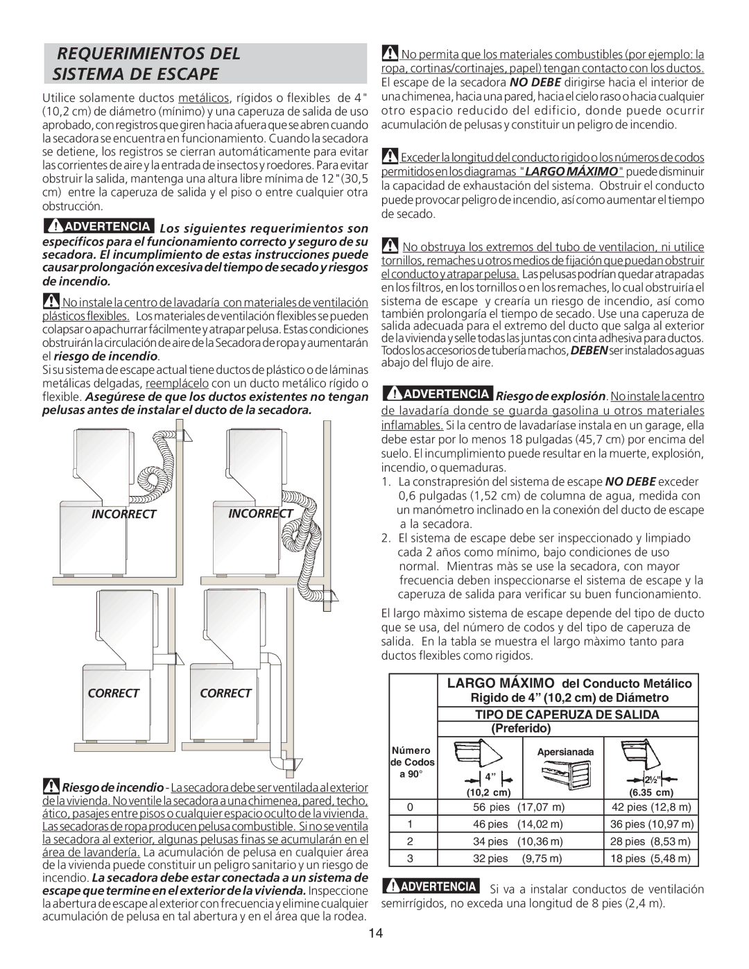 Frigidaire 134897500B installation instructions Requerimientos DEL Sistema DE Escape, Incorrect Incorrect 