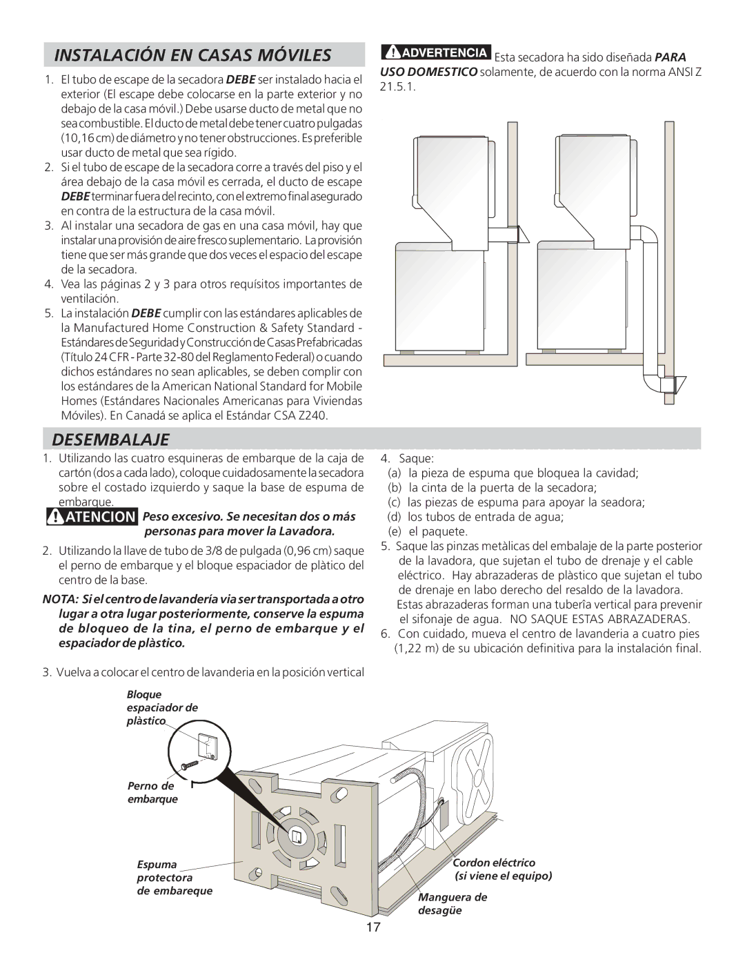 Frigidaire 134897500B installation instructions Instalación EN Casas Móviles, Desembalaje 