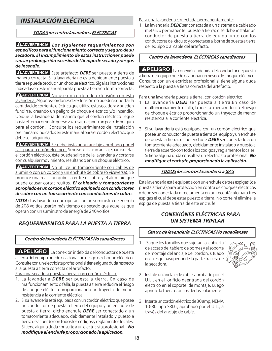 Frigidaire 134897500B installation instructions Instalación Eléctrica, Centro de lavanderia Eléctricas No canadienses 