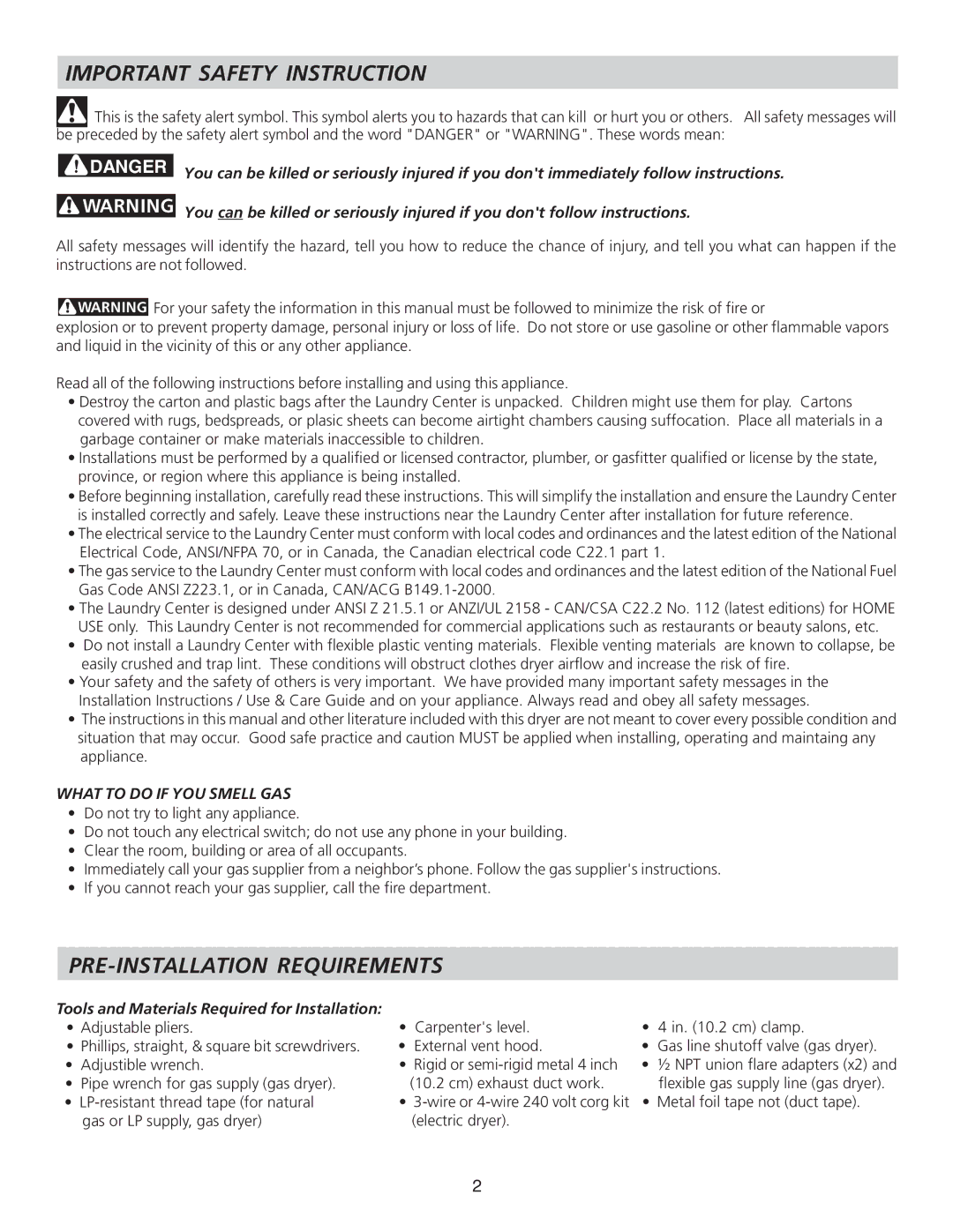 Frigidaire 134897500B Important Safety Instruction, PRE-INSTALLATION Requirements, What to do if YOU Smell GAS 