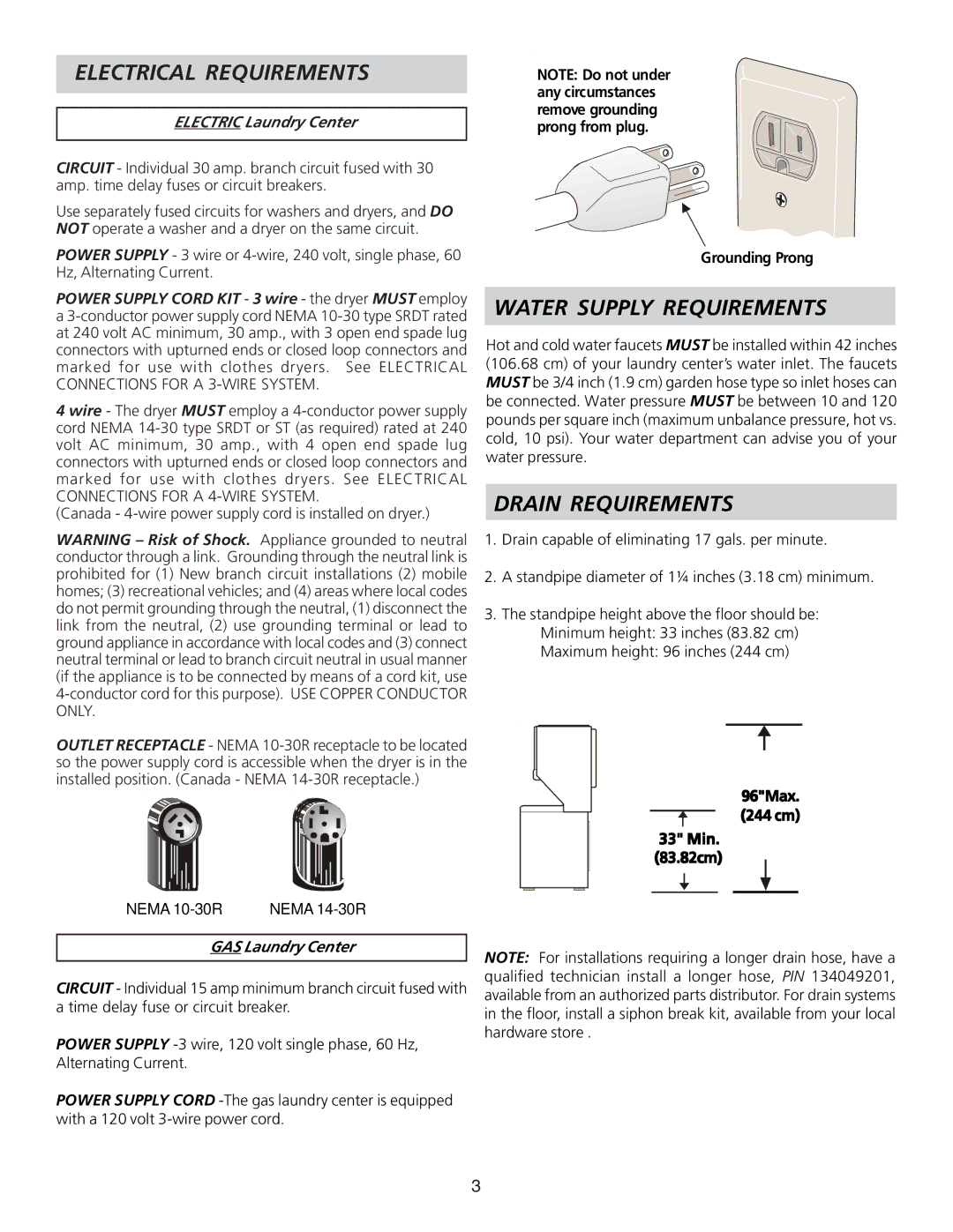 Frigidaire 134897500B Electrical Requirements, Water Supply Requirements, Drain Requirements, Electric Laundry Center 