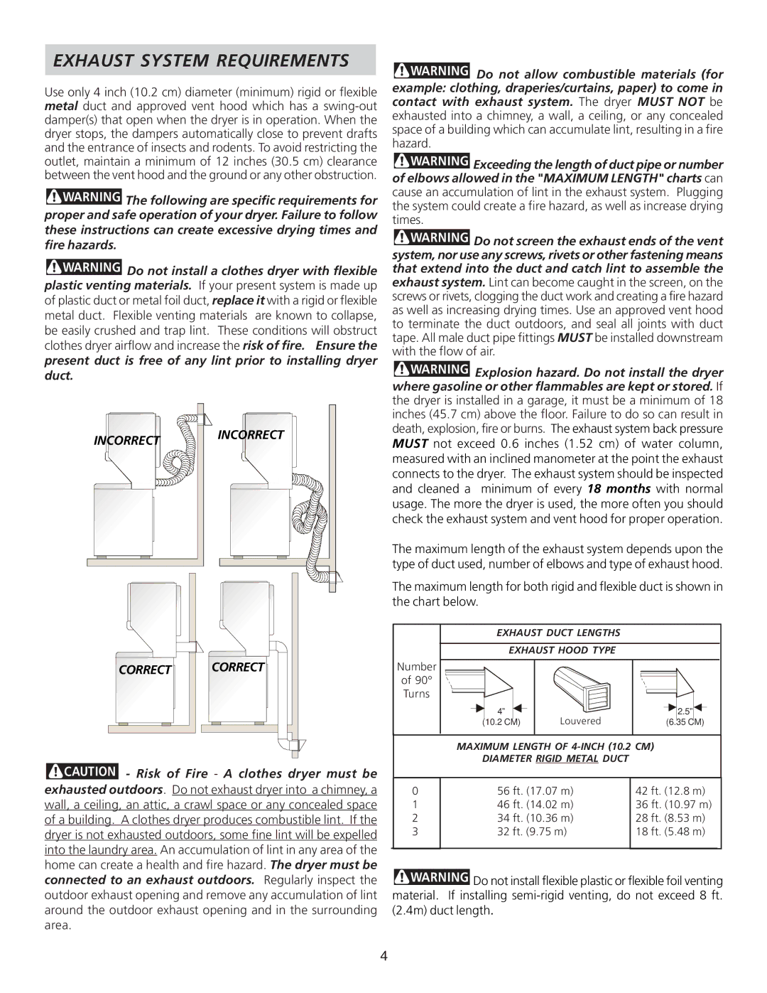 Frigidaire 134897500B installation instructions Exhaust System Requirements, Incorrect Incorrect Correct 