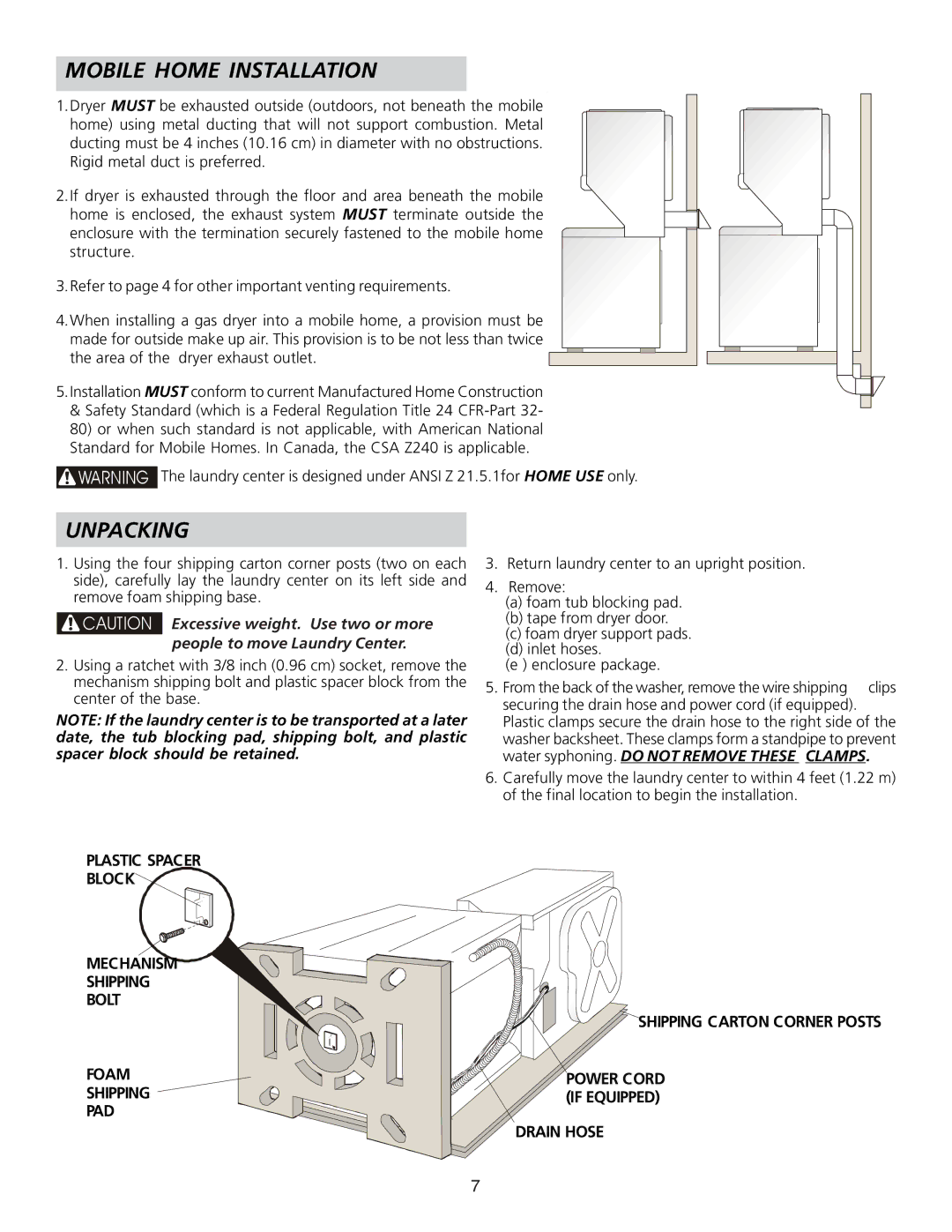 Frigidaire 134897500B installation instructions Mobile Home Installation, Unpacking 