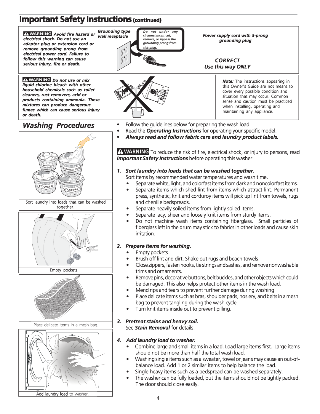 Frigidaire 134922600 manual Important Safety Instructions continued, Washing Procedures, CORRECT Use this way ONLY 