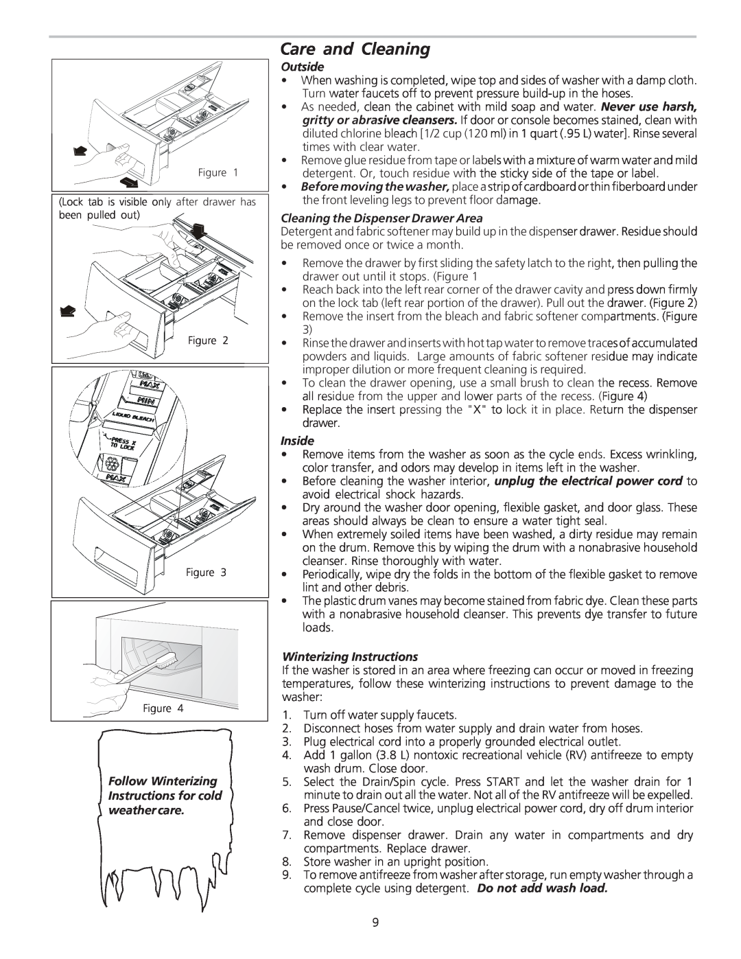 Frigidaire 134922600 Care and Cleaning, Follow Winterizing Instructions for cold weather care, Outside, Inside, English 