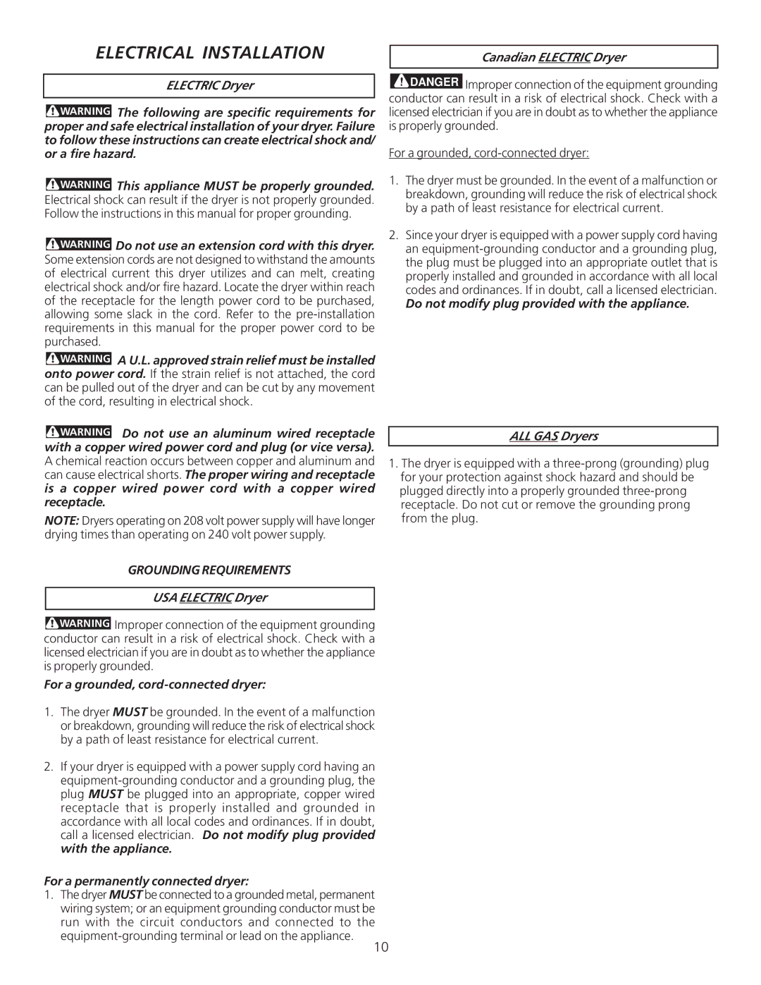 Frigidaire 134940500A, 0804 installation instructions Electrical Installation, Grounding Requirements 