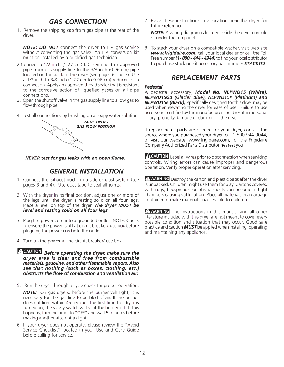 Frigidaire 134940500A, 0804 installation instructions GAS Connection, Replacement Parts, General Installation 