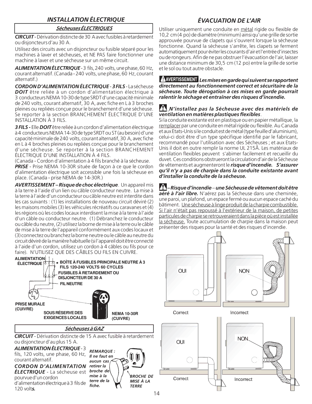 Frigidaire 134940500A, 0804 Installation Électrique, Évacuation DE L’AIR, Sécheuses Électriques, Sécheuses à GAZ 