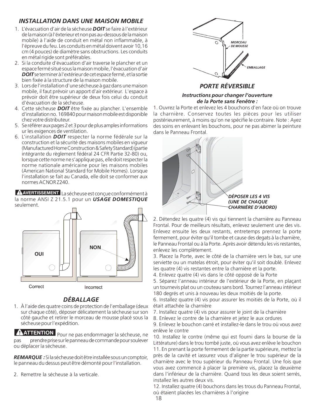 Frigidaire 134940500A, 0804 installation instructions Déballage, Porte Réversible 