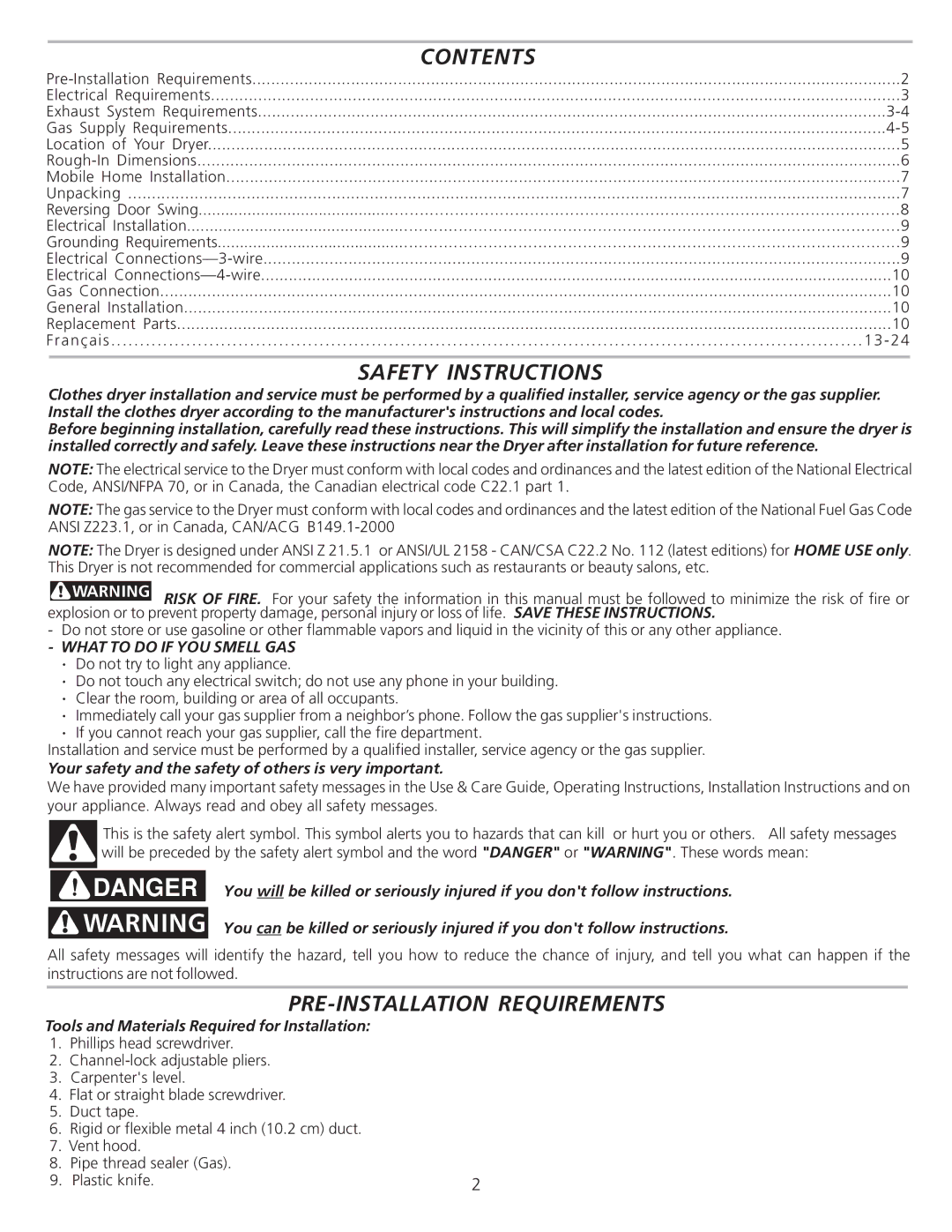 Frigidaire 134940500A, 0804 installation instructions Safety Instructions, PRE-INSTALLATION Requirements 