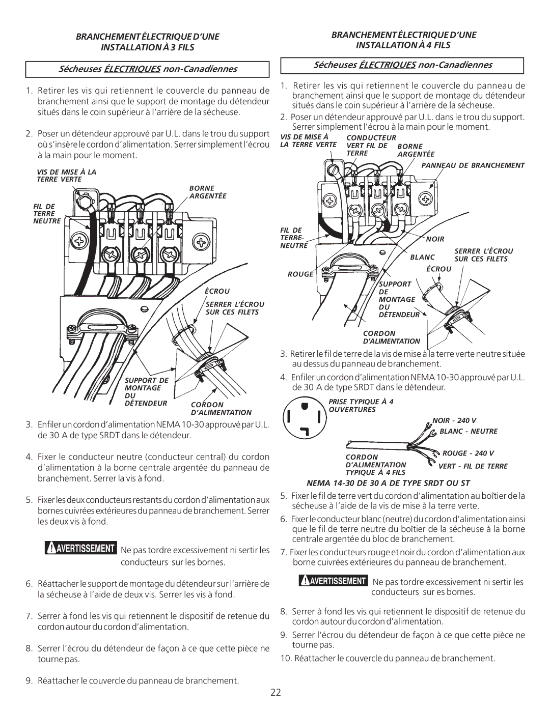 Frigidaire 134940500A, 0804 installation instructions Branchement Électrique D’UNE Installation À 3 Fils 