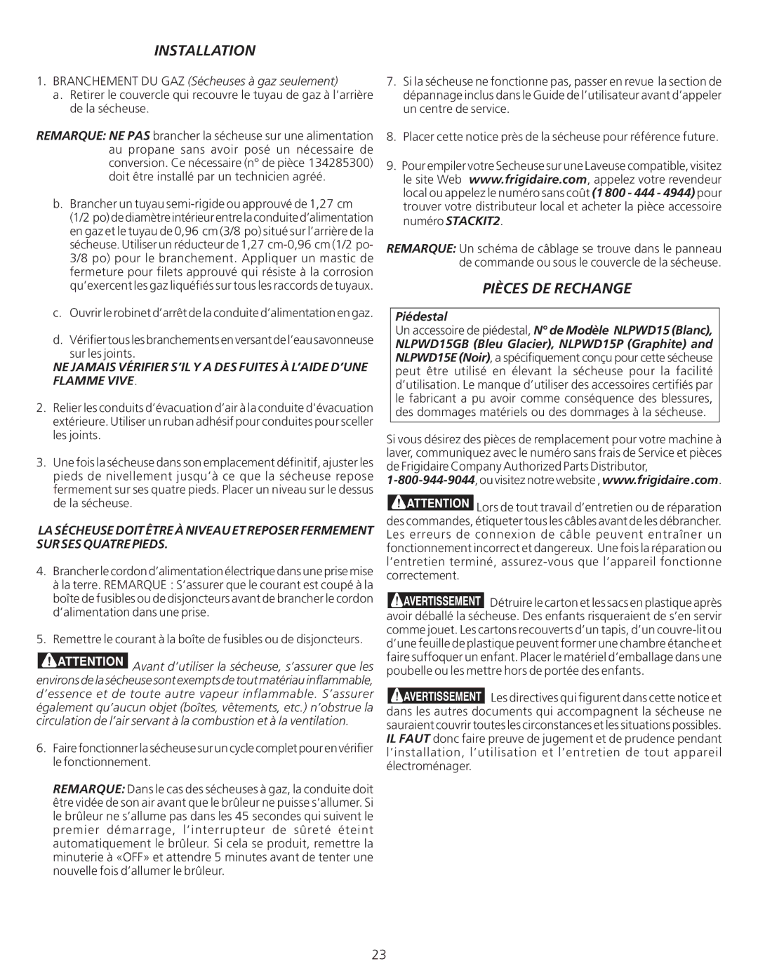 Frigidaire 0804, 134940500A installation instructions Installation, Pièces DE Rechange 