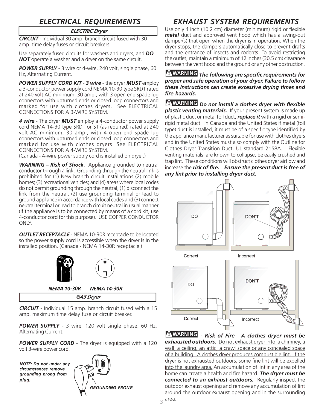 Frigidaire 0804 Electrical Requirements, Exhaust System Requirements, Electric Dryer, Nema 10-30R Nema 14-30R GAS Dryer 