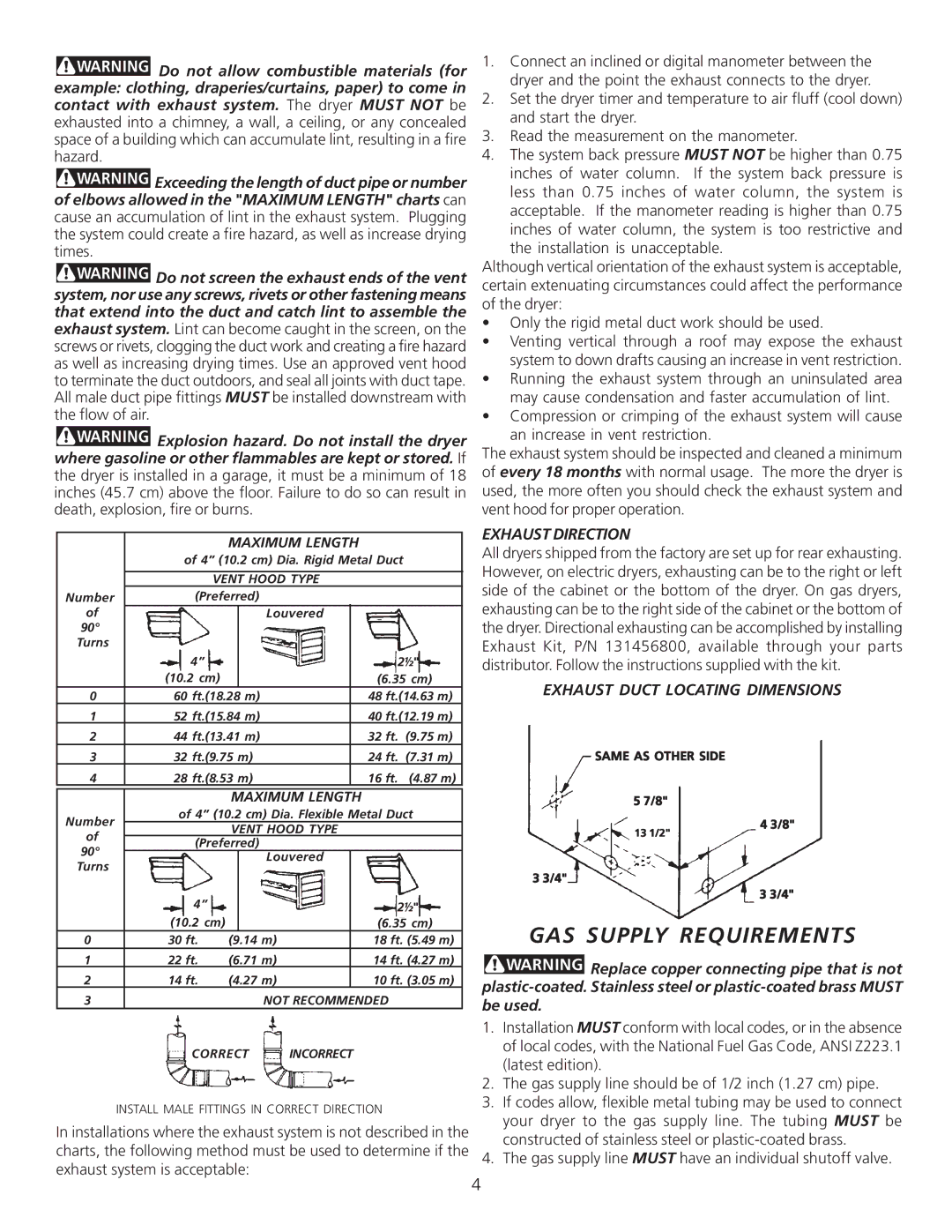 Frigidaire 134940500A, 0804 GAS Supply Requirements, Exhaust Direction, Exhaust Duct Locating Dimensions 