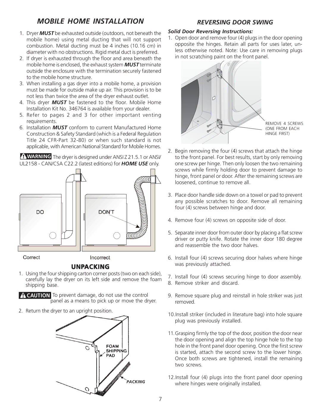 Frigidaire 0804, 134940500A Mobile Home Installation, Reversing Door Swing, Solid Door Reversing Instructions 