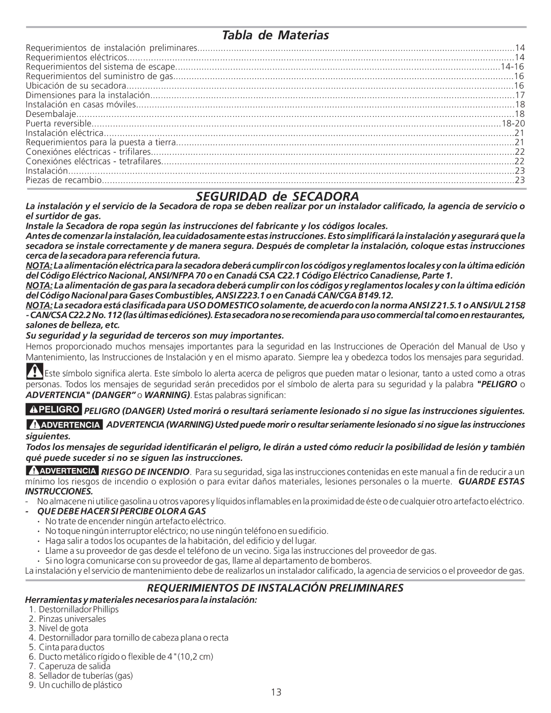 Frigidaire 134940700A Requerimientos DE Instalación Preliminares, Instrucciones, QUE Debe Hacer SI Percibe Olor a GAS 