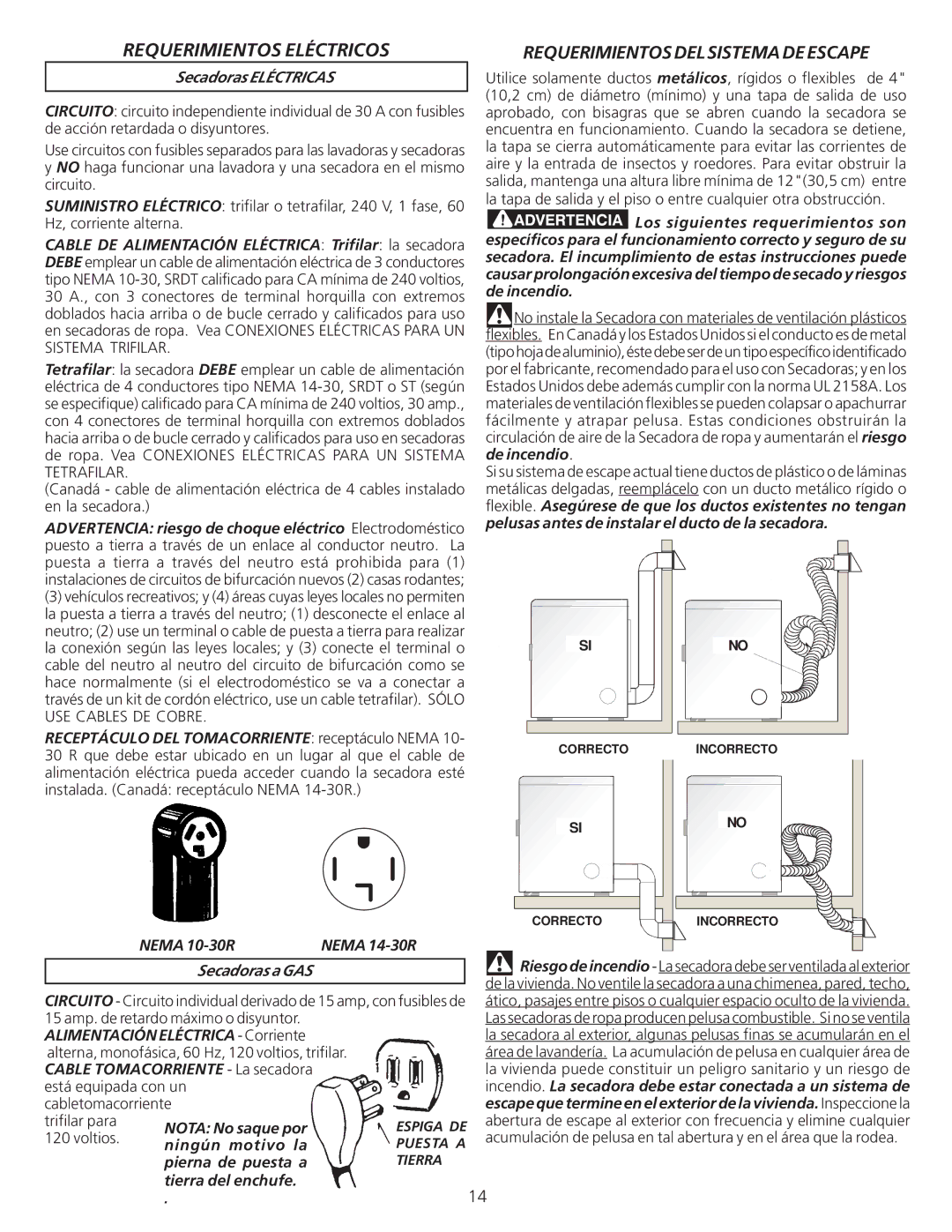 Frigidaire 134940700A Requerimientos Eléctricos, Requerimientos DEL Sistema DE Escape, Secadoras Eléctricas 