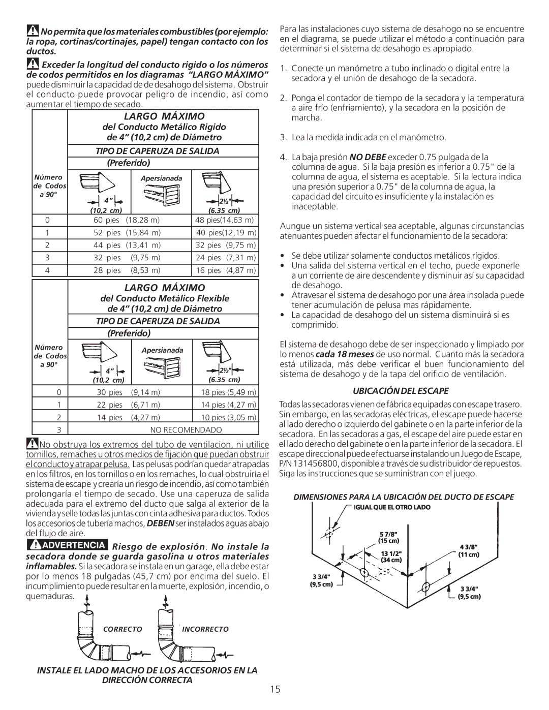 Frigidaire 134940700A installation instructions Largo Máximo, Tipo DE Caperuza DE Salida, Ubicación DEL Escape 