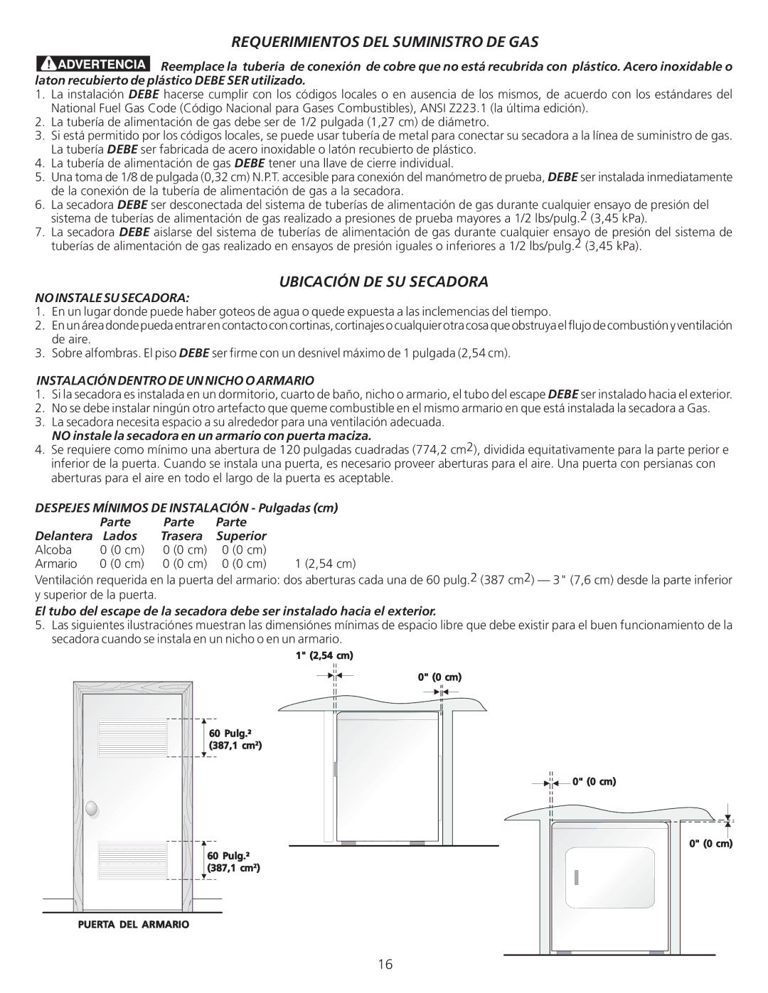 Frigidaire 134940700A Requerimientos DEL Suministro DE GAS, Ubicación DE SU Secadora, No Instale SU Secadora 