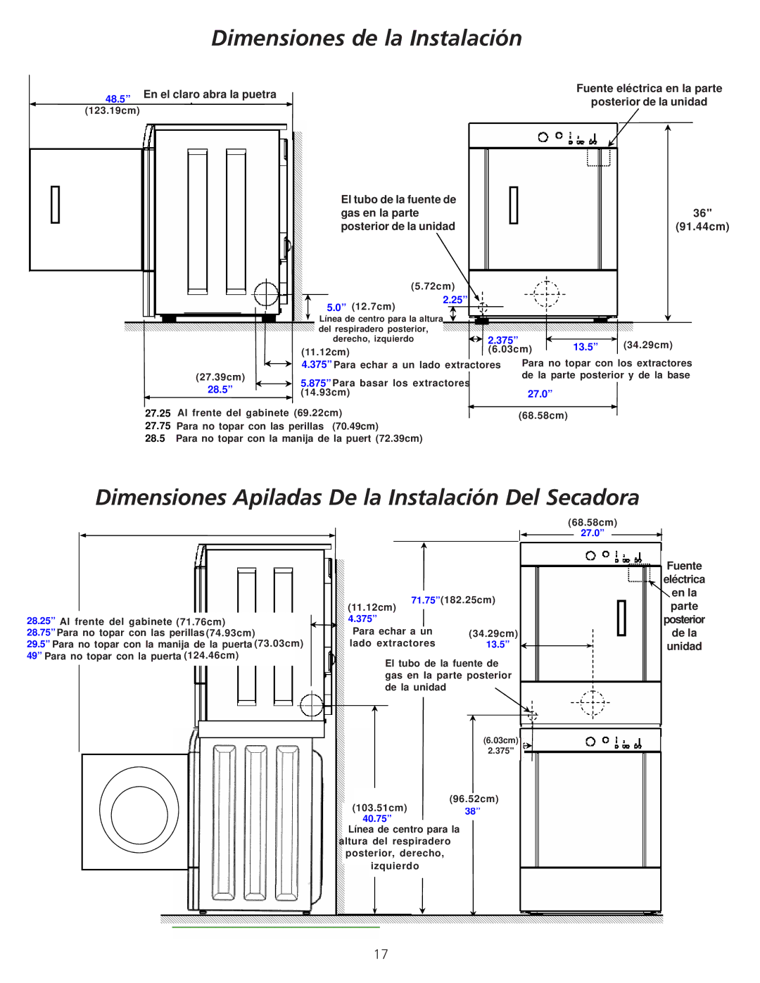 Frigidaire 134940700A installation instructions Dimensiones de la Instalación Dryer Installation Dimensions 