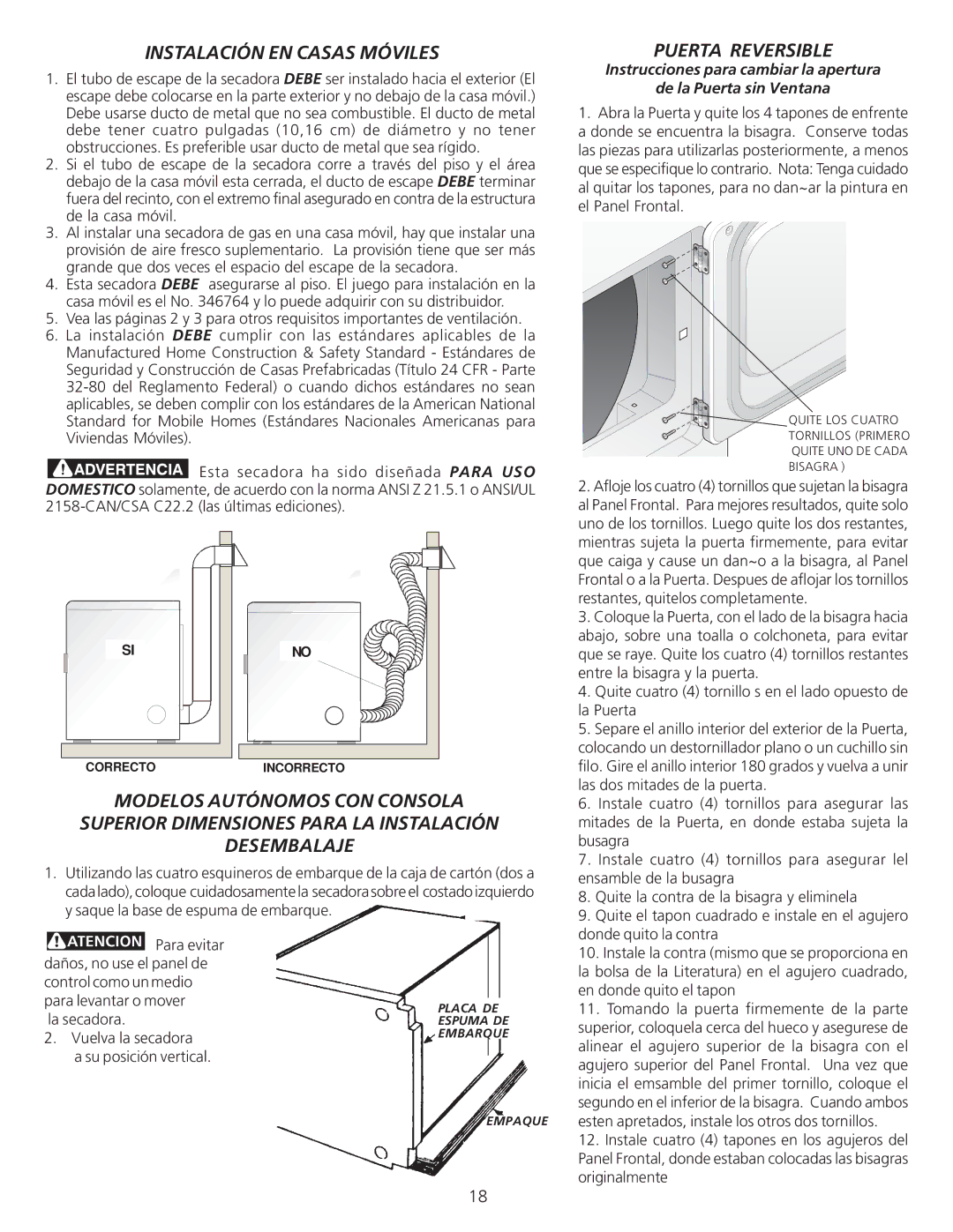 Frigidaire 134940700A installation instructions Instalación EN Casas Móviles, Puerta Reversible 