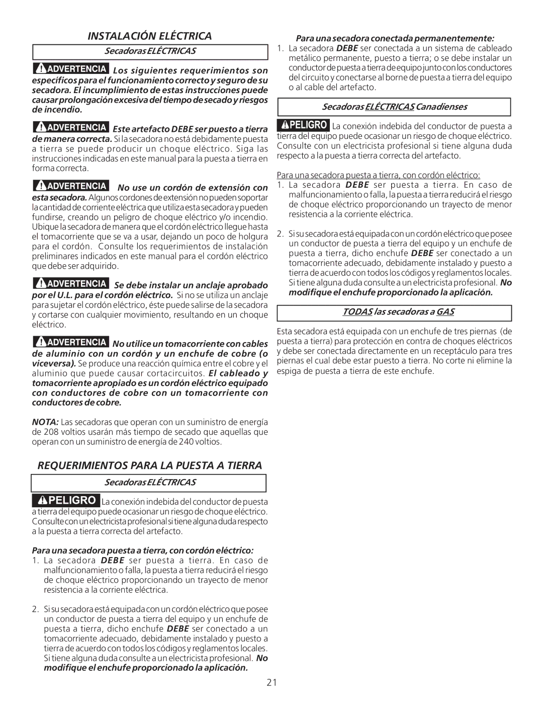 Frigidaire 134940700A installation instructions Instalación Eléctrica, Requerimientos Para LA Puesta a Tierra 