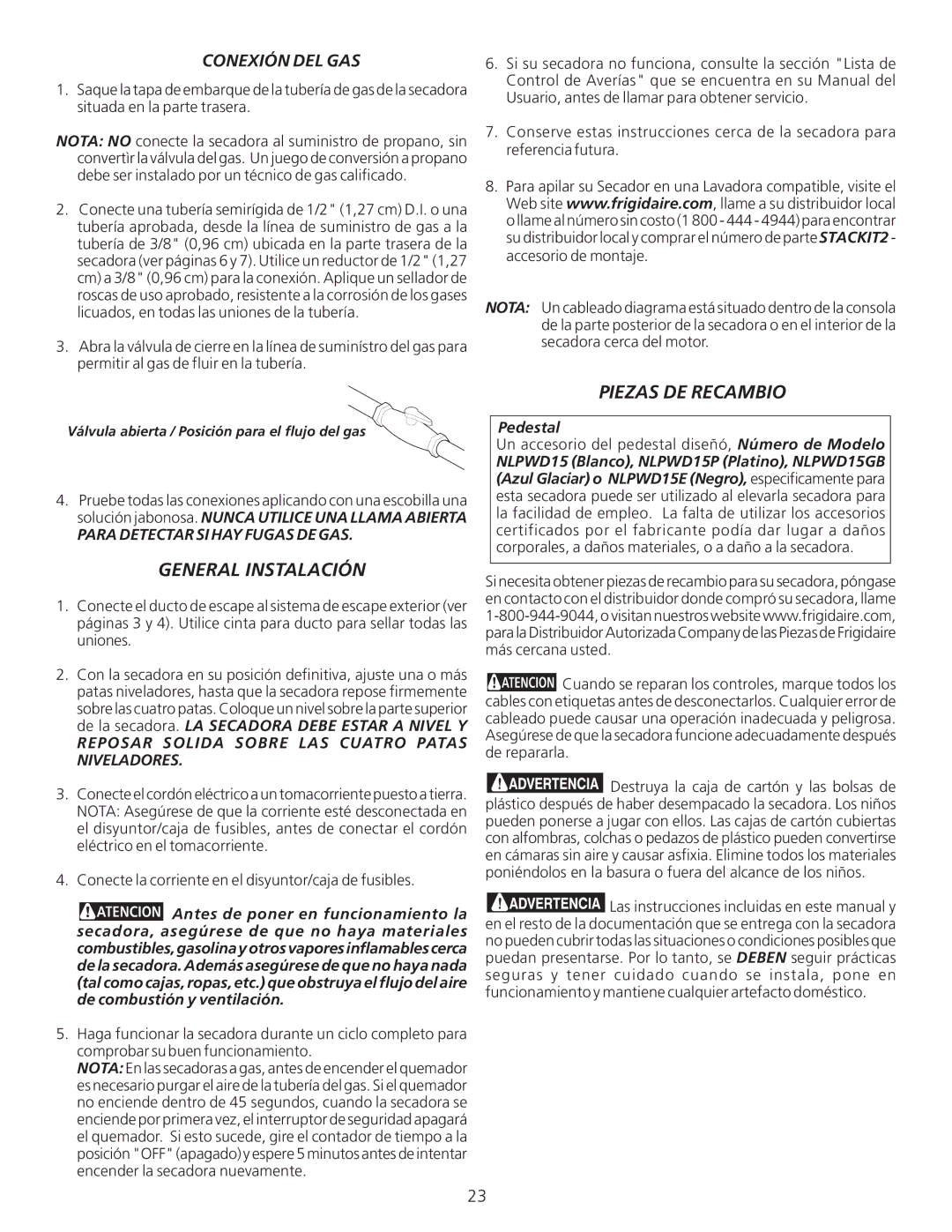 Frigidaire 134940700A General Instalación, Piezas DE Recambio, Conexión DEL GAS, Para Detectar SI HAY Fugas DE GAS 