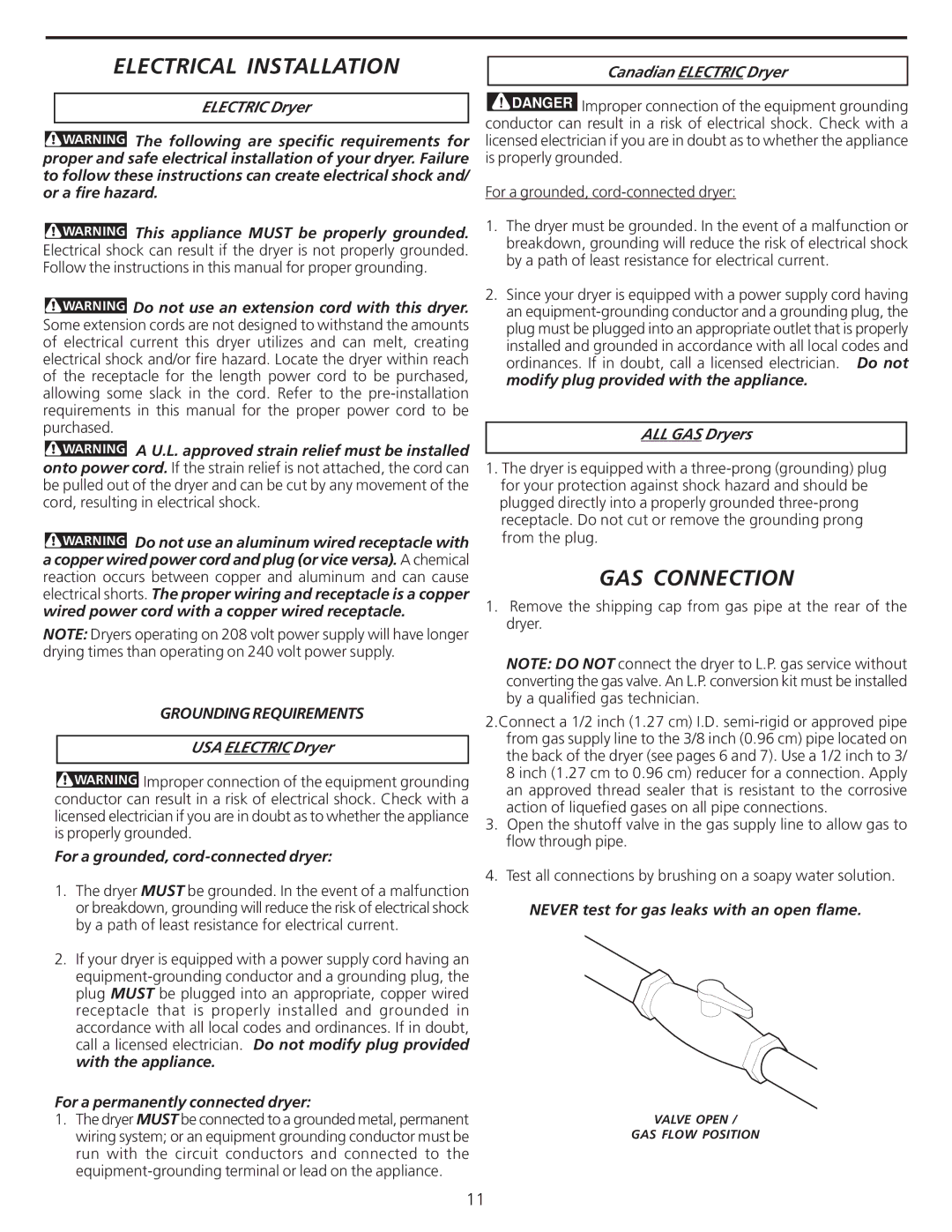 Frigidaire 137101400 installation instructions Electrical Installation, GAS Connection, Grounding Requirements 