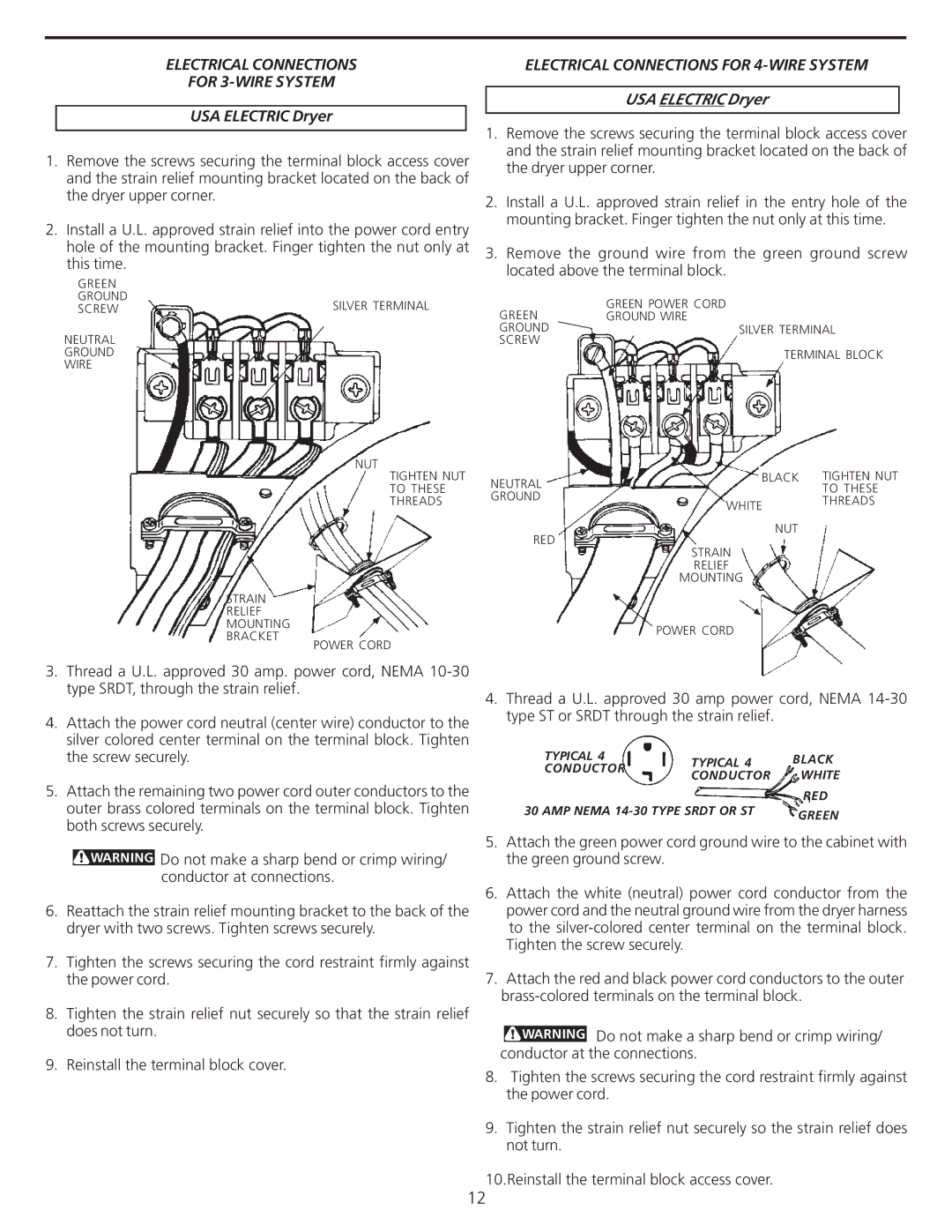 Frigidaire 137101400 Electrical Connections For 3-WIRE System, Electrical Connections for 4-WIRE System 