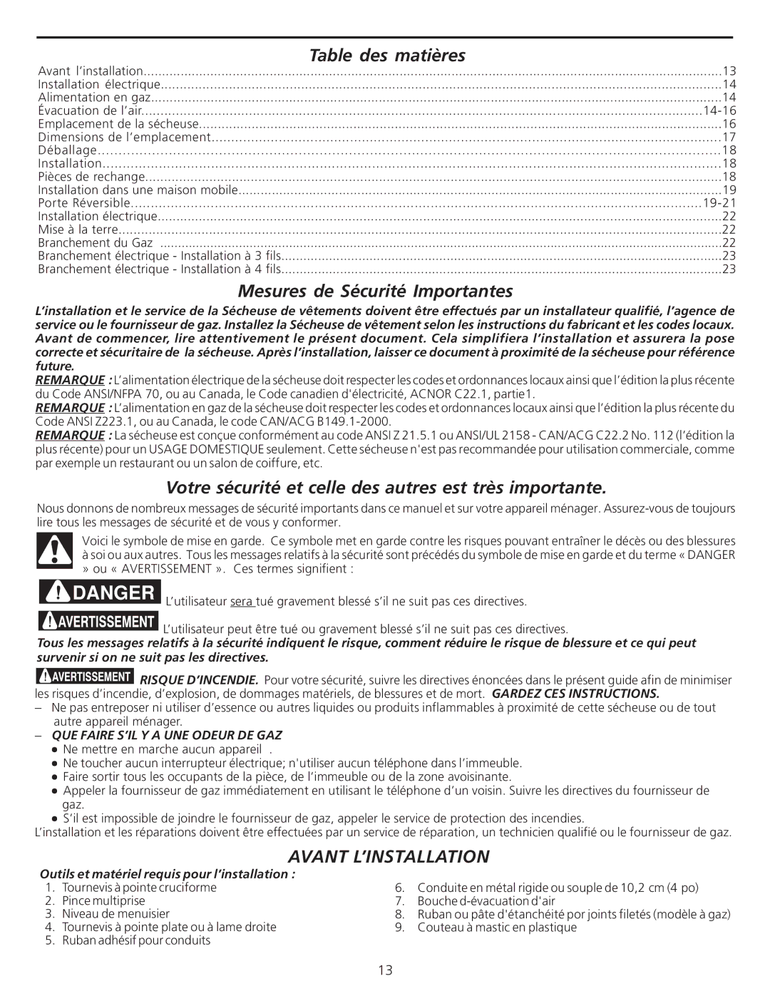 Frigidaire 137101400 installation instructions Avant L’INSTALLATION, 14-16, 19-21, QUE Faire S’IL Y a UNE Odeur DE GAZ 