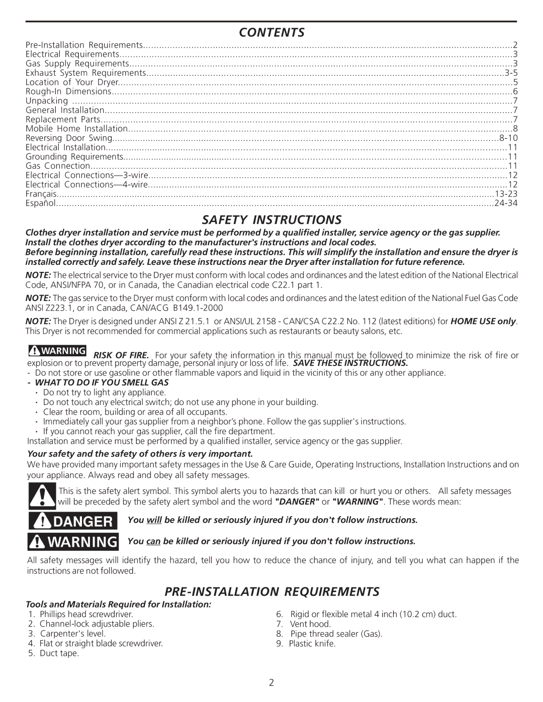 Frigidaire 137101400 installation instructions Safety Instructions, PRE-INSTALLATION Requirements 