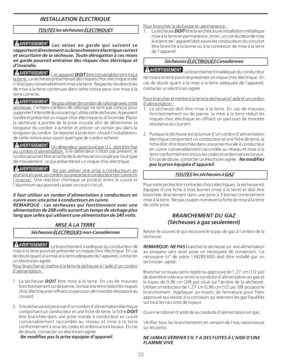 Frigidaire 137101400 Branchement DU GAZ, Sécheuses Électriques non-Canadiennes, Sécheuses Électriques Canadiennes 