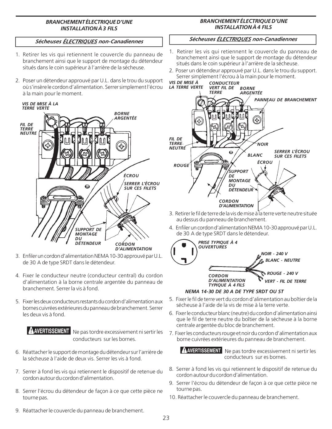 Frigidaire 137101400 installation instructions Branchement Électrique D’UNE Installation À 3 Fils 