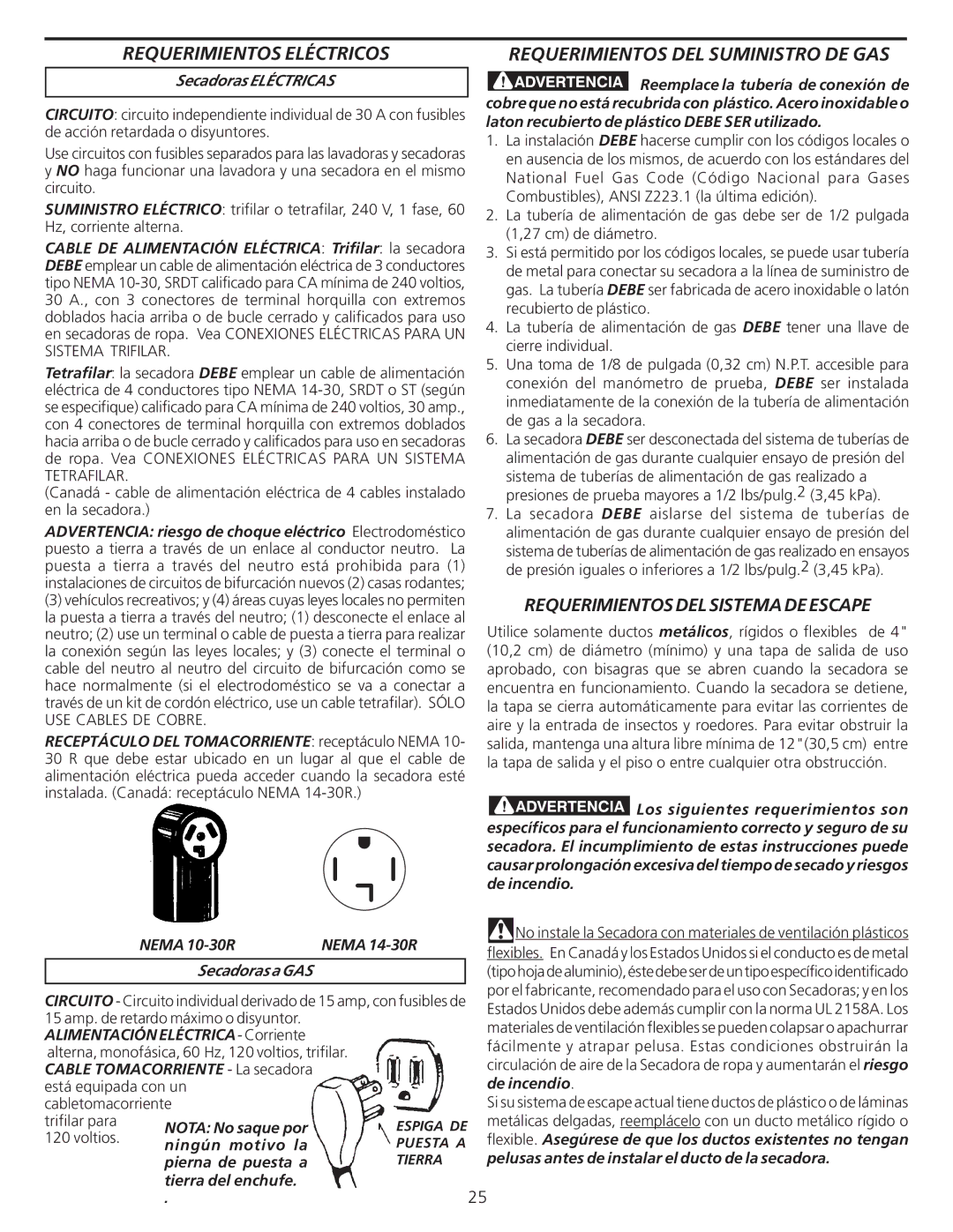 Frigidaire 137101400 Requerimientos Eléctricos, Requerimientos DEL Suministro DE GAS, Secadoras Eléctricas 